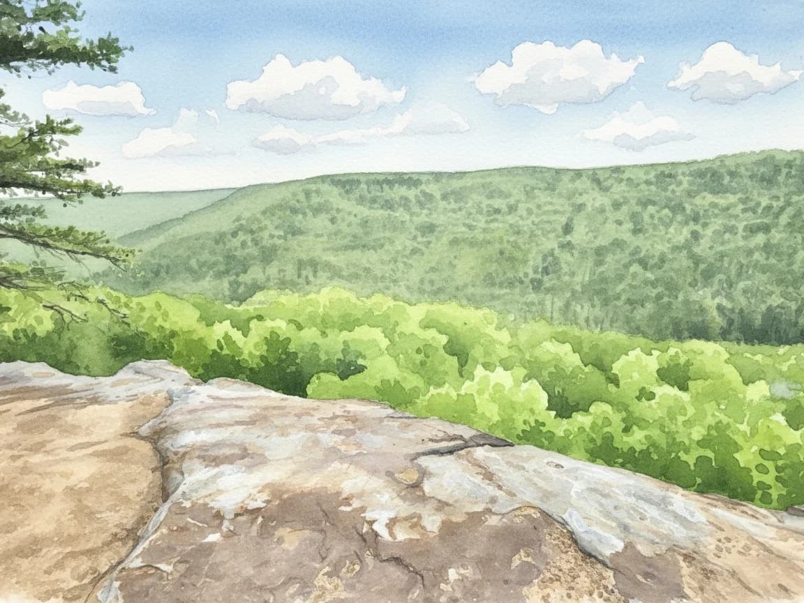 Watercolor of a wooded valley seen from a sandstone ledge on the edge of the plateau.