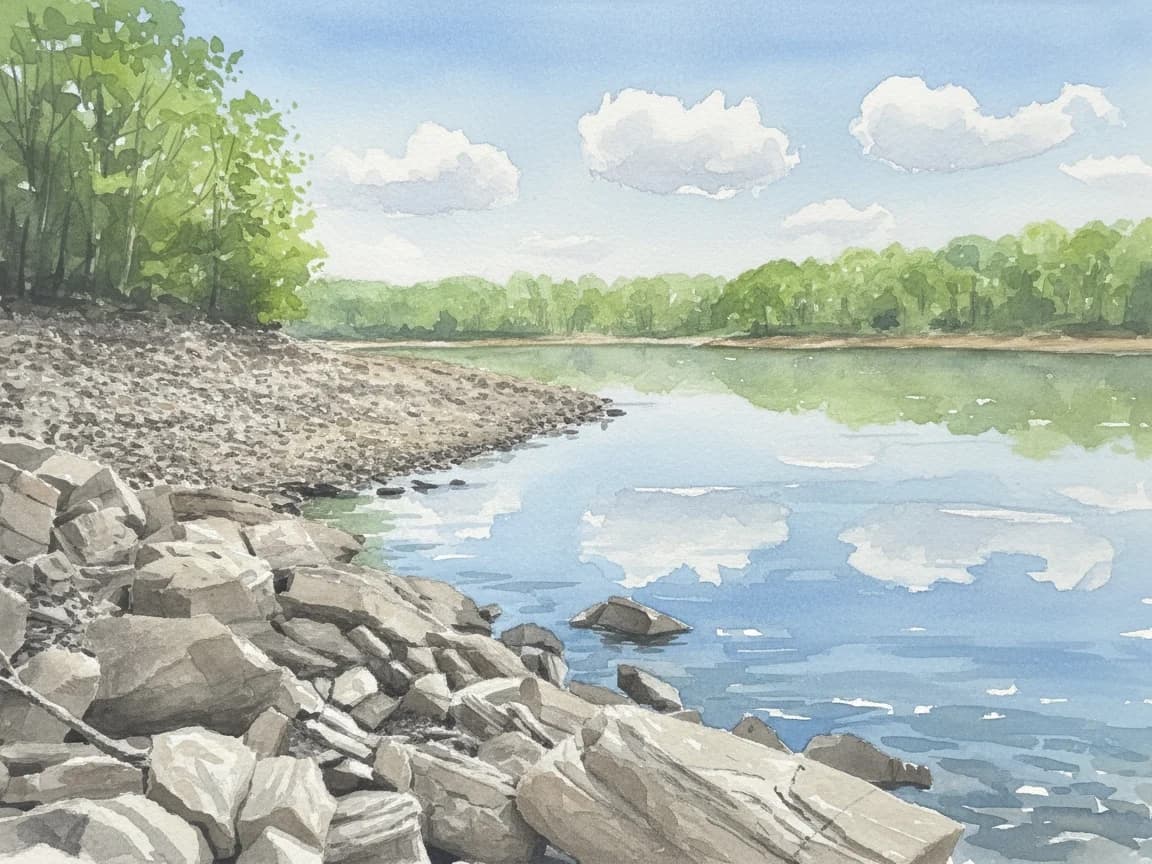 Watercolor of Tims Ford Lake, with a rocky shoreline and calm water under a bright sky.