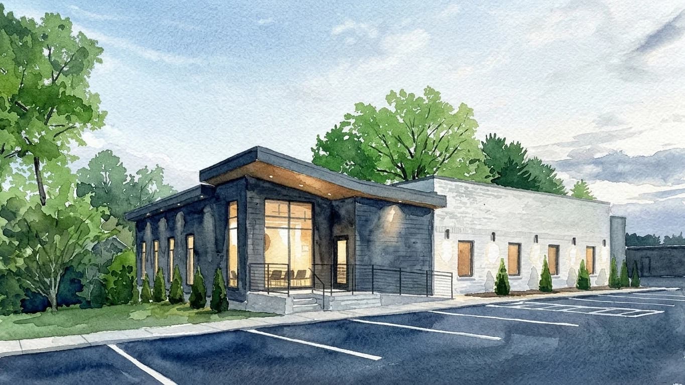 A watercolor painting of the Winchester Family Dentistry building in Winchester, TN